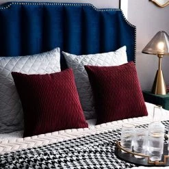 YIENJAOY Housses De Coussin Rouge Bordeaux: 2 Pack 45cmx45cm Taies D'oreiller Décoratives Carrées En Velours Rayé Pour Canapé De Chambre -France Coussin et housse de coussin Soldes Boutique 65809782 3