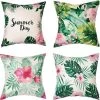 YIENJAOY Housse De Coussin 45x45 Cm Salon De Jardin Extérieur Lot De 4 Oreillers Décoratif En Lin Naturel Durable Imprimé Fleur Et Plante Et Flamant Rose Jungle Tropical Pour Patio Canapé Deco Printemps Eté