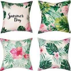 YIENJAOY Housse De Coussin 45x45 Cm Salon De Jardin Extérieur Lot De 4 Oreillers Décoratif En Lin Naturel Durable Imprimé Fleur Et Plante Et Flamant Rose Jungle Tropical Pour Patio Canapé Deco Printemps Eté