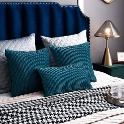 YIENJAOY Taie D'oreiller Turquoise 30cmx50cm: Lot De 2 Housses De Coussin Décoratif Rectangulaire En Velours Rayé Original Pour Canapé De Chambre -France Coussin et housse de coussin Soldes Boutique 65810216 5