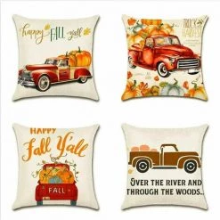 KAEJYIUT Thanksgiving Day Housse De Coussin, Lot De 4 L'automnCoton Et Lin Décoratif Taie D'oreiller Canapé Voiture Maison Décor Housses De Coussin 45 X 45 Cm (Citrouille Avec Camion)