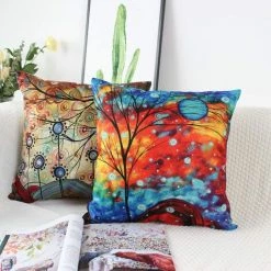 AIDUCHO Lot De 4 Housses De Coussin 45x45 Cm Carrées Arbres Colorés Housse Coussins De Canapé En Lin Pour Taies D'oreiller De Canapé Salon -France Coussin et housse de coussin Soldes Boutique 65884220 5