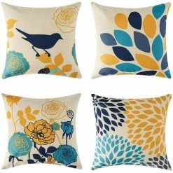 LLOVE Housse De Coussin Décorative 45x45 Lot De 4 Fleurs Colorées Oiseau, Housses De Coussin Lin Pour Salon De Jardin Canapé Coussin Décoratif Salon Chambre, Housse De Coussin Moderne Jardin Extérieur Coussin Canapé Coussin Canapé Coussin