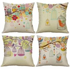 ECHOO Lot De 4 Coussins De Canapé En Forme D'arbre De Cage à Oiseaux En Forme De Hibou Décoratifs En Coton Et En Lin 45 X 45 Cm
