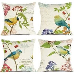 ECHOO Housses De Coussin Décoratives 45,7 X 45,7 Cm Housses De Coussin à Fleurs 45 Cm X 45 Cm Lot De 4 Taies D'oreiller Oiseaux Bleus Jaunes En Polyester Doux Carré Canapé Lit Taies D'oreiller