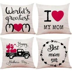 ECHOO Housses De Coussin Pour La Fête Des Mères Lot De 4 Housses De Coussin Noir Rouge Rose 45,7 X 45,7 Cm Worlds Greatest Mum, Best Mum Ever, Love Mum Taie D'oreiller 45 Cm X 45 Cm Pour Coussins En Lin Mum Mummy